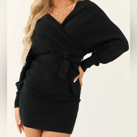 HYFVE Black Ribbed Dolman Sleeve Sweater Dress - Picture 1 of 6